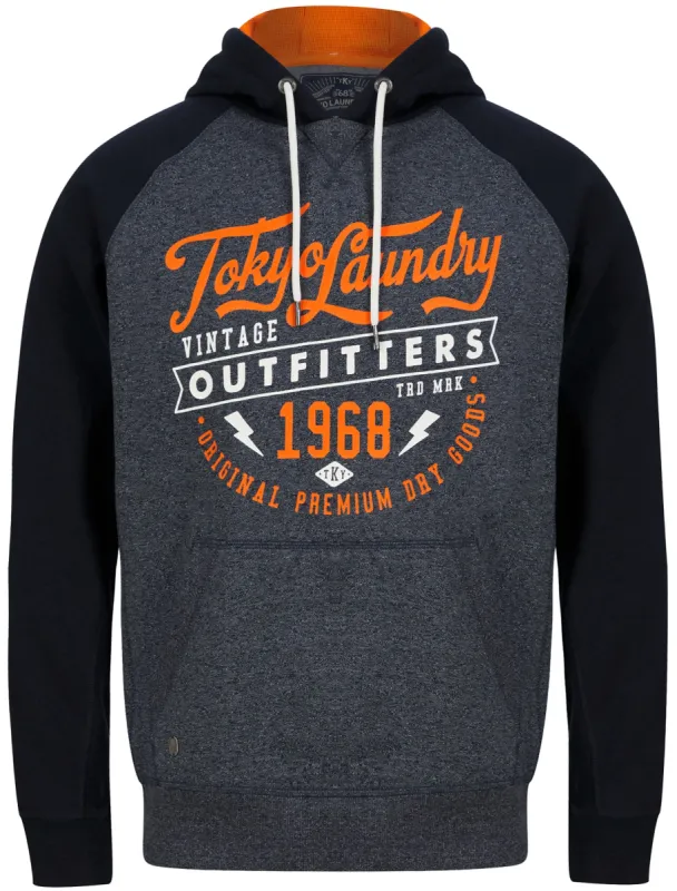 Bannering Raglan Sleeve Brushback Fleece Pullover Hoodie in Navy Grindle - Tokyo Laundry sold by Tokyo Laundry