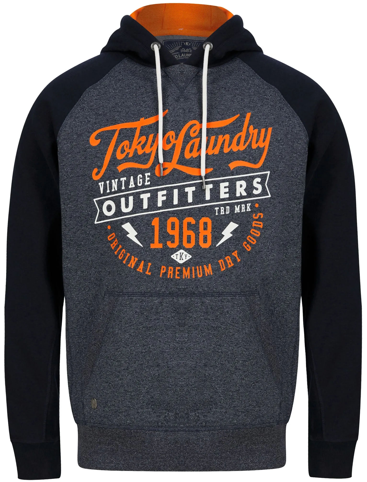 Bannering Raglan Sleeve Brushback Fleece Pullover Hoodie in Navy Grindle - Tokyo Laundry sold by Tokyo Laundry