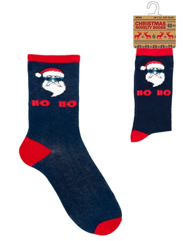 Mens Noel Santa Ho Ho Novelty Christmas Socks in Blue sold by Tokyo Laundry