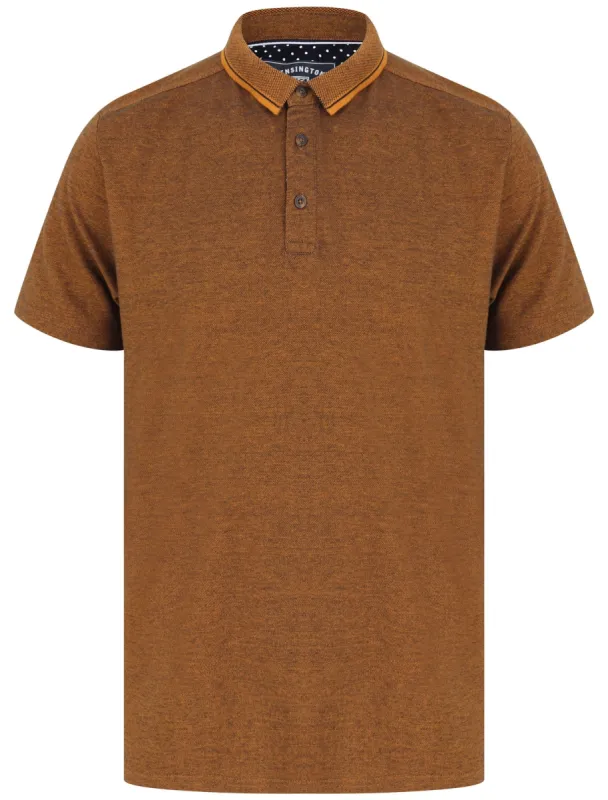 Lowndes 2 Cotton Pique Polo Shirt with Jacquard Collar In Buckthorn Brown - Kensington Eastside sold by Tokyo Laundry
