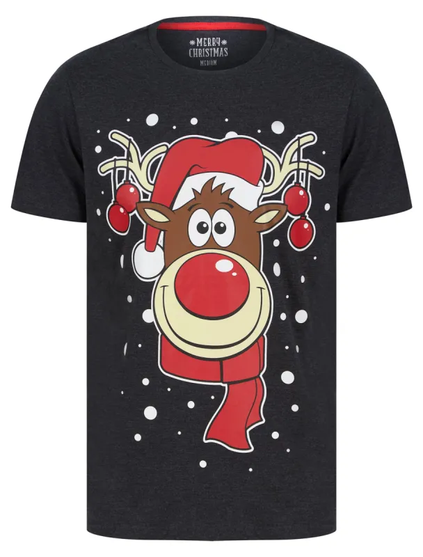 Men's Rudolph Snowflake Motif Novelty Cotton Christmas T-Shirt in Charcoal Marl - Merry Christmas sold by Tokyo Laundry