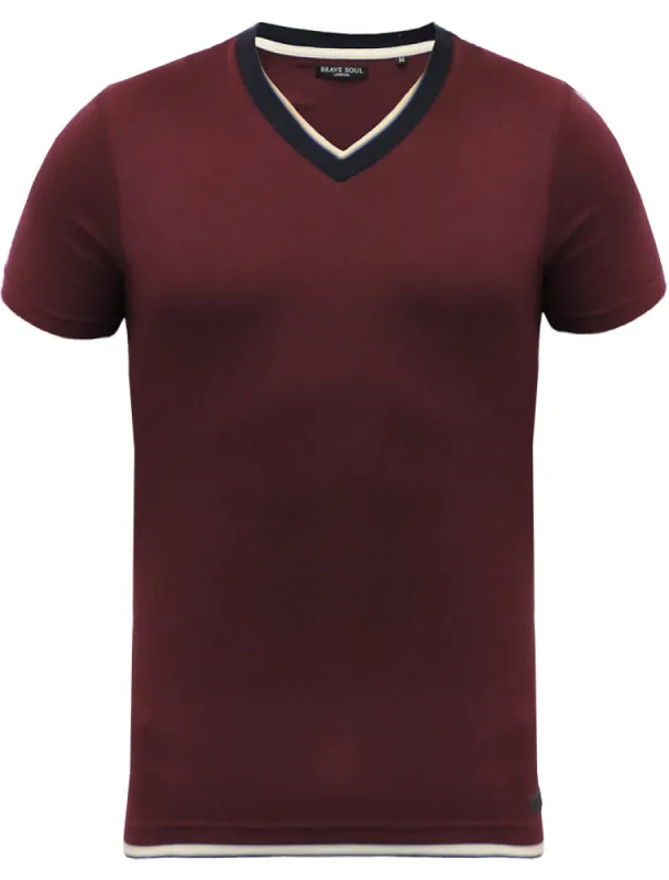 Smith V Neck Mock Insert Cotton T-Shirt in Oxblood sold by Tokyo Laundry