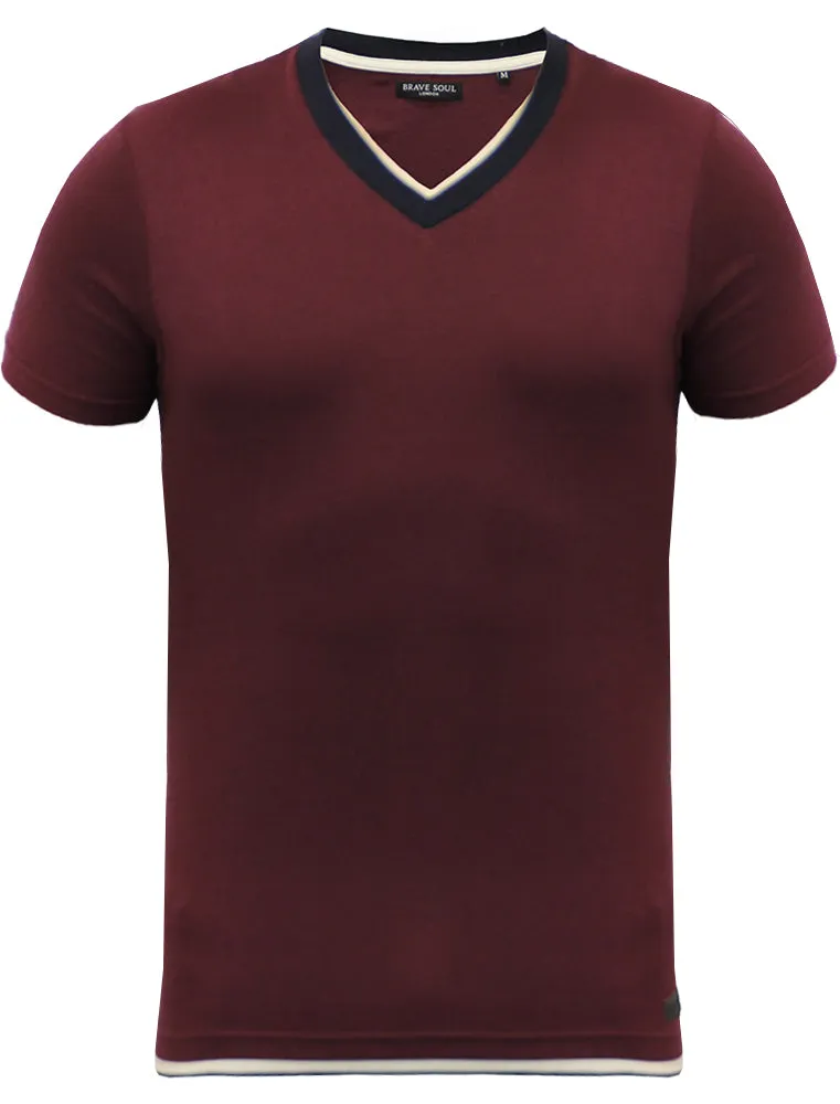 Smith V Neck Mock Insert Cotton T-Shirt in Oxblood sold by Tokyo Laundry