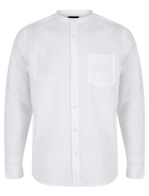 Gosier Grandad Collar Long Sleeve Cotton Linen Shirt in Bright White - Tokyo Laundry sold by Tokyo Laundry