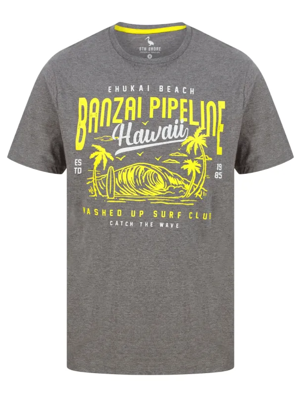Banzai Pipeline Motif Cotton Jersey T-Shirt in Mid Grey Marl - South Shore sold by Tokyo Laundry