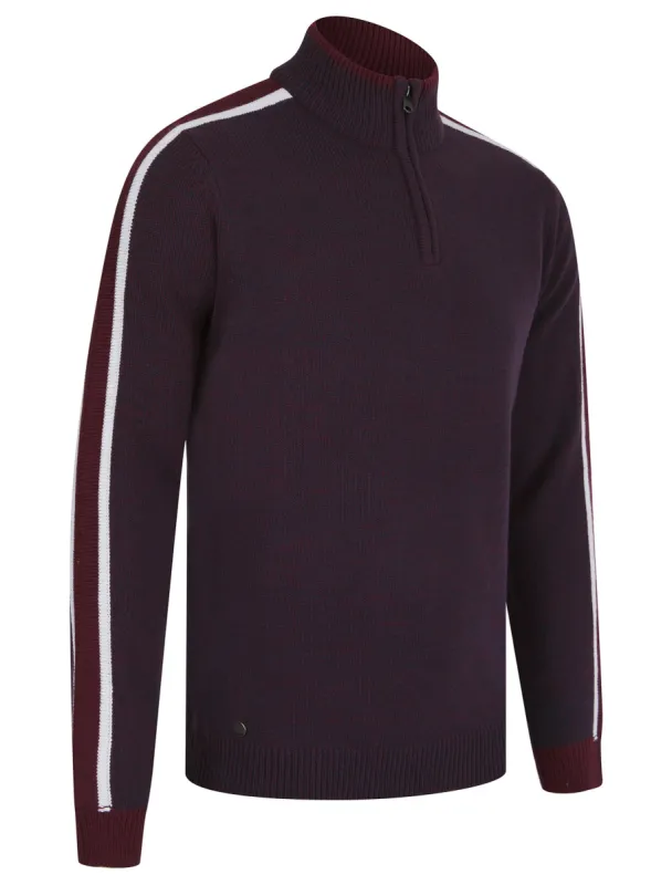 Tindle Quarter Zip Funnel Neck Knitted Jumper with Striped Sleeves in Sky Captain Navy / Port Royale Twist - Tokyo Laundry sold by Tokyo Laundry