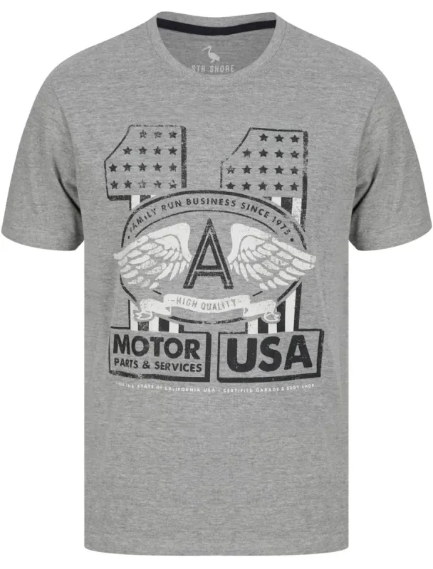 Motor 11 Motif Cotton Jersey T-Shirt in Mid Grey Marl - South Shore sold by Tokyo Laundry