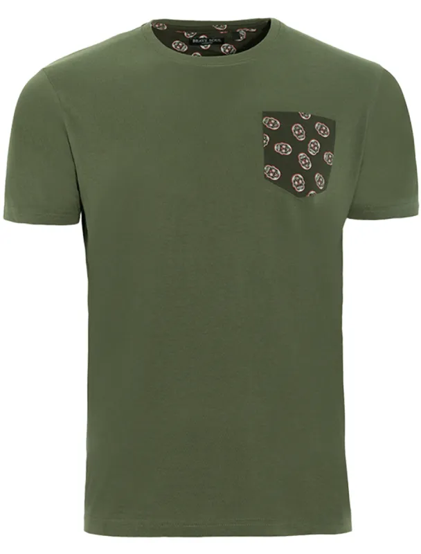 Mexico Crew Neck T-Shirt with Skull Print Pocket in Khaki sold by Tokyo Laundry