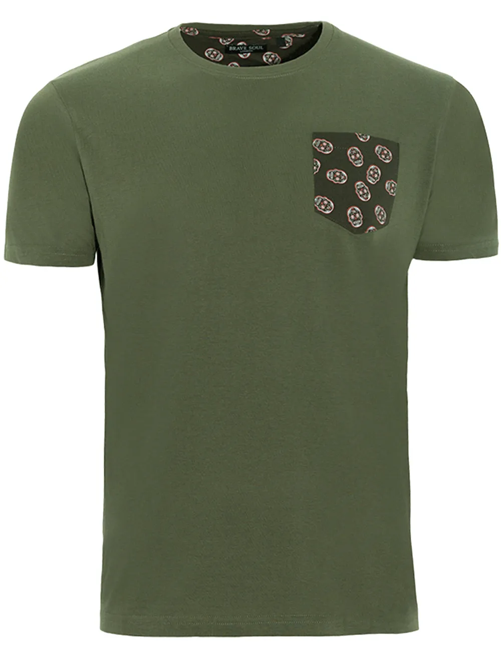 Mexico Crew Neck T-Shirt with Skull Print Pocket in Khaki sold by Tokyo Laundry
