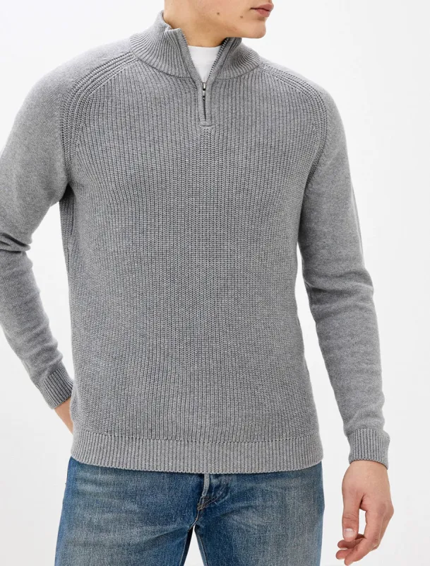 Kinkle Half Zip Cotton Knitted Jumper In Mid Grey Marl - Kensington Eastside sold by Tokyo Laundry