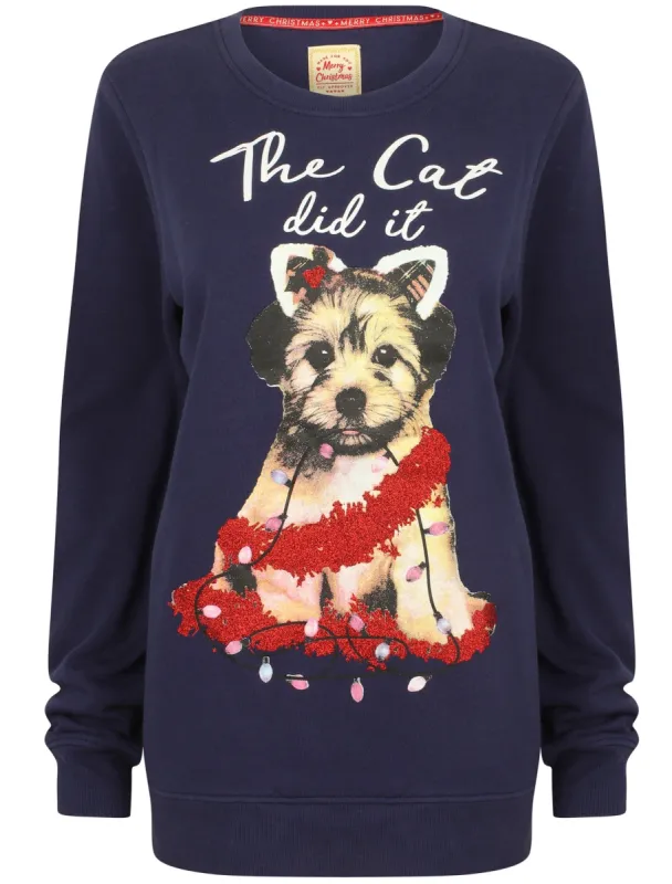 Women's Xmas Catty Motif Novelty Christmas Sweatshirt In Patriot Blue sold by Tokyo Laundry
