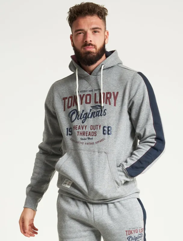 Travel Motif Brushback Fleece Pullover Hoodie with Tape Detail in Mid Grey Marl - Tokyo Laundry sold by Tokyo Laundry