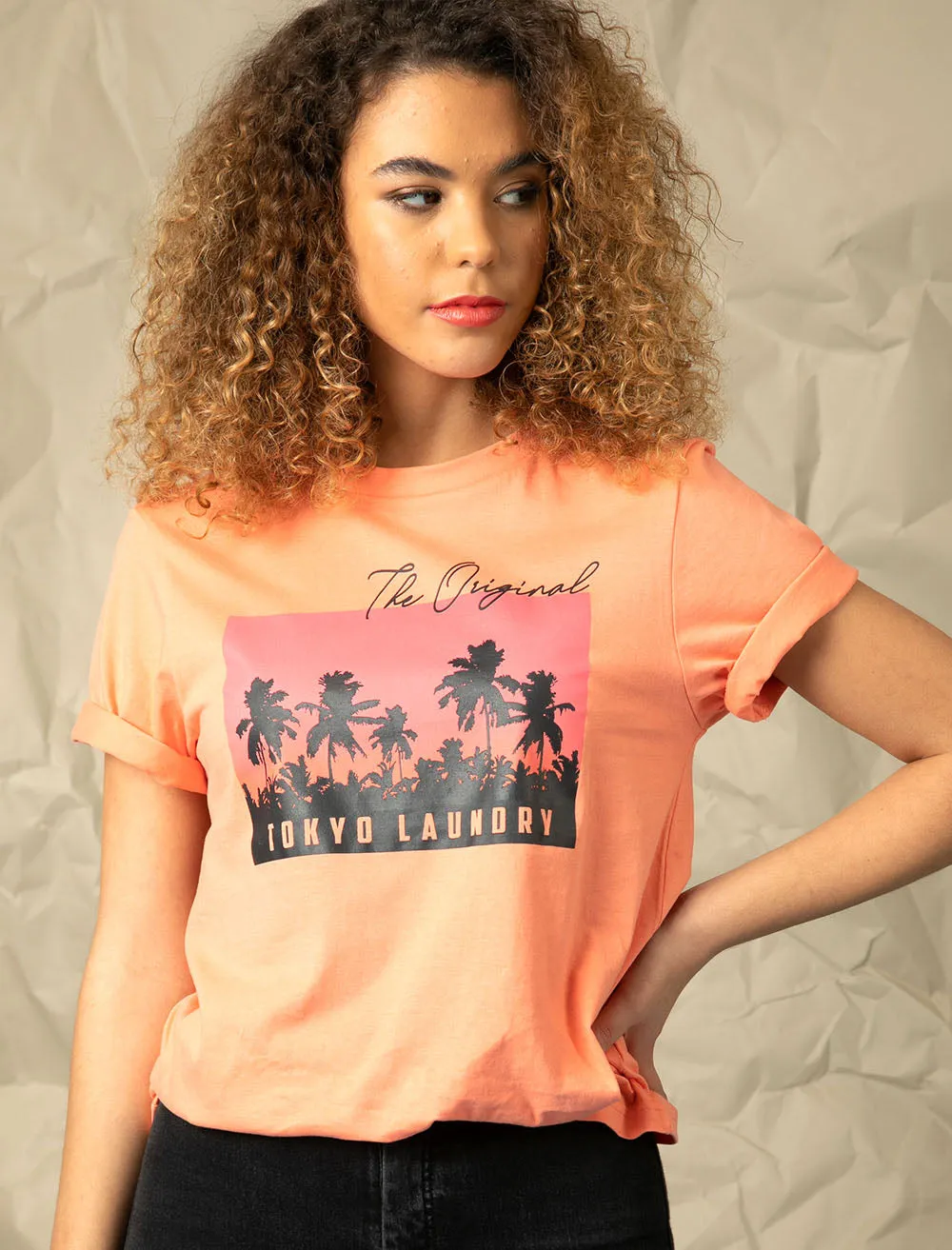 Alaro Sunset Motif Cotton Crew Neck T-Shirt in Fusion Coral - Tokyo Laundry sold by Tokyo Laundry