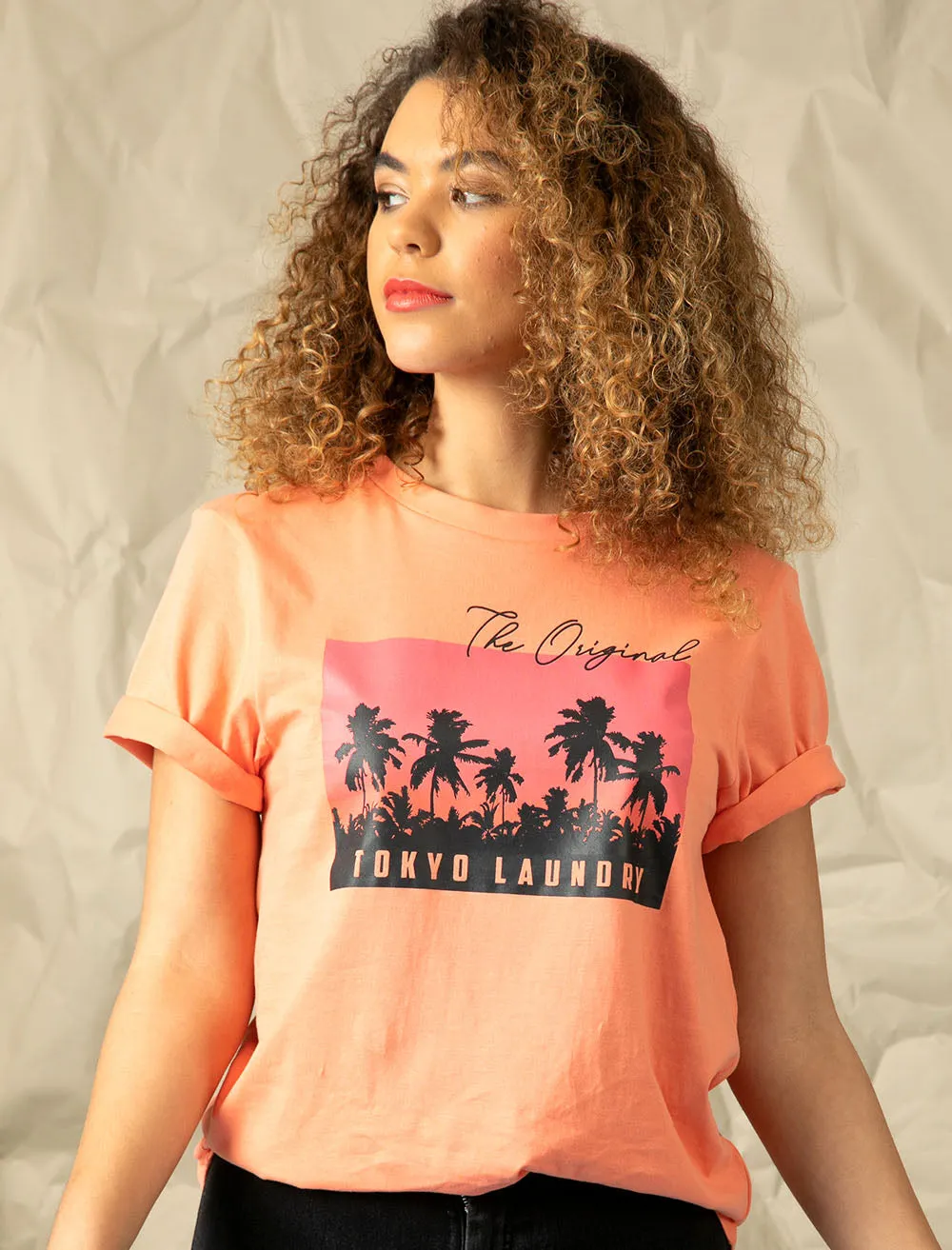 Alaro Sunset Motif Cotton Crew Neck T-Shirt in Fusion Coral - Tokyo Laundry sold by Tokyo Laundry product image thumbnail 3