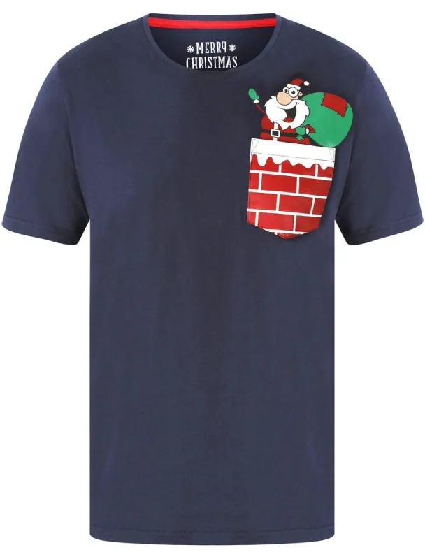 Waving Santa Pocket Motif Novelty Cotton Christmas T-Shirt in Eclipse Blue - Merry Christmas sold by Tokyo Laundry