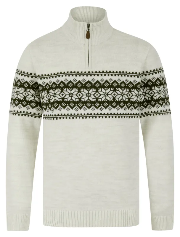 Moseph Quarter Zip Fair Isle Knit Funnel Neck Jumper in Chalk Twist - Kensington Eastside sold by Tokyo Laundry