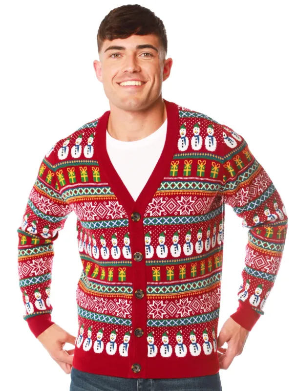 Snowman Cardi Wallpaper Print Novelty Christmas Cardigan in Red - Merry Christmas sold by Tokyo Laundry