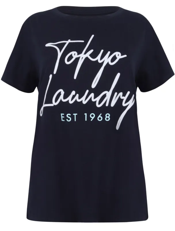 Mackie Cotton Jersey T-Shirt with Flocked Motif In Peacoat Navy - Tokyo Laundry sold by Tokyo Laundry