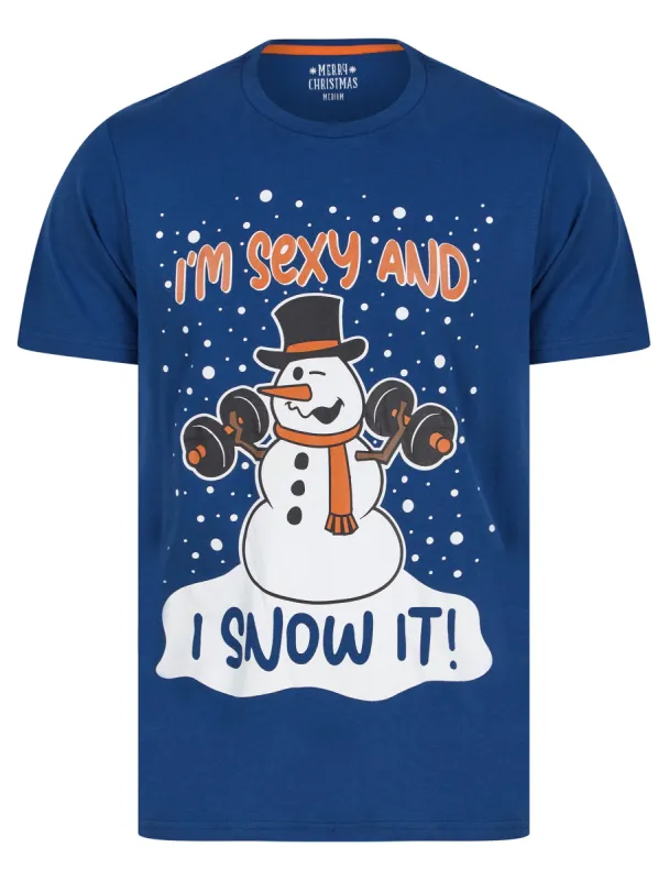 Men's Snow It Motif Novelty Cotton Christmas T-Shirt in Limoges Blue - Merry Christmas sold by Tokyo Laundry