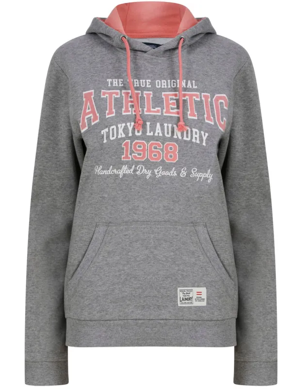 Shanya Flocked Motif Brushback Fleece Pullover Hoodie in Mid Grey Marl - Tokyo Laundry sold by Tokyo Laundry