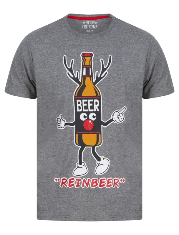 Men's Beer Bottle Motif Novelty Cotton Christmas T-Shirt in Mid Grey Marl - Merry Christmas sold by Tokyo Laundry