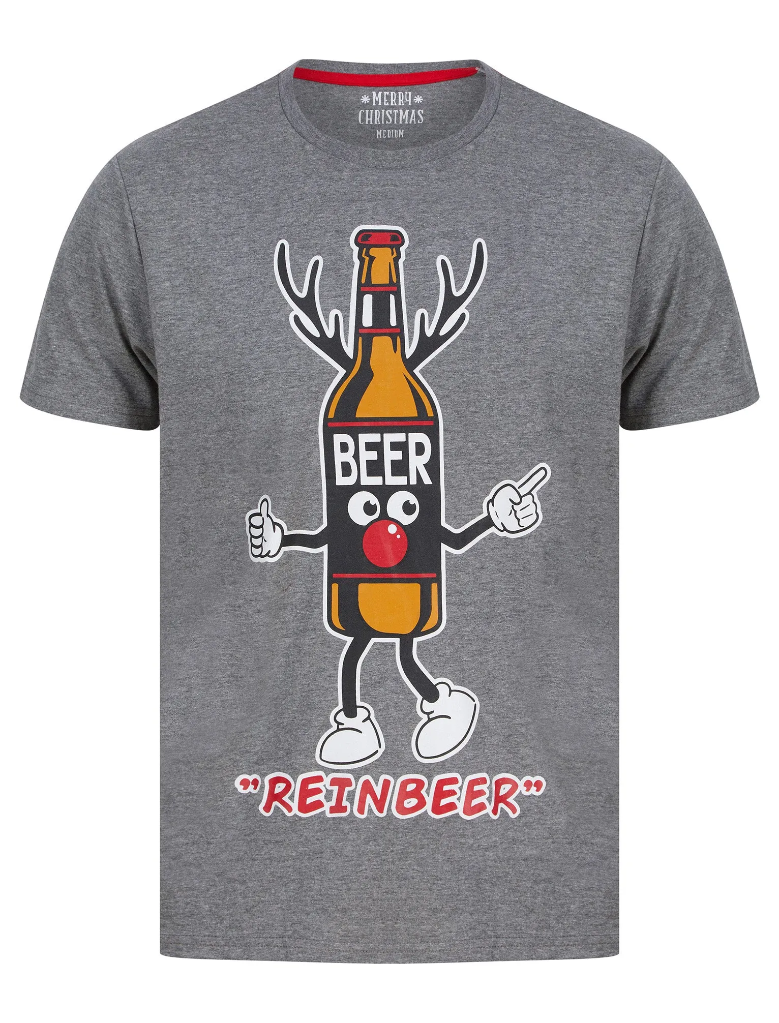 Men's Beer Bottle Motif Novelty Cotton Christmas T-Shirt in Mid Grey Marl - Merry Christmas sold by Tokyo Laundry
