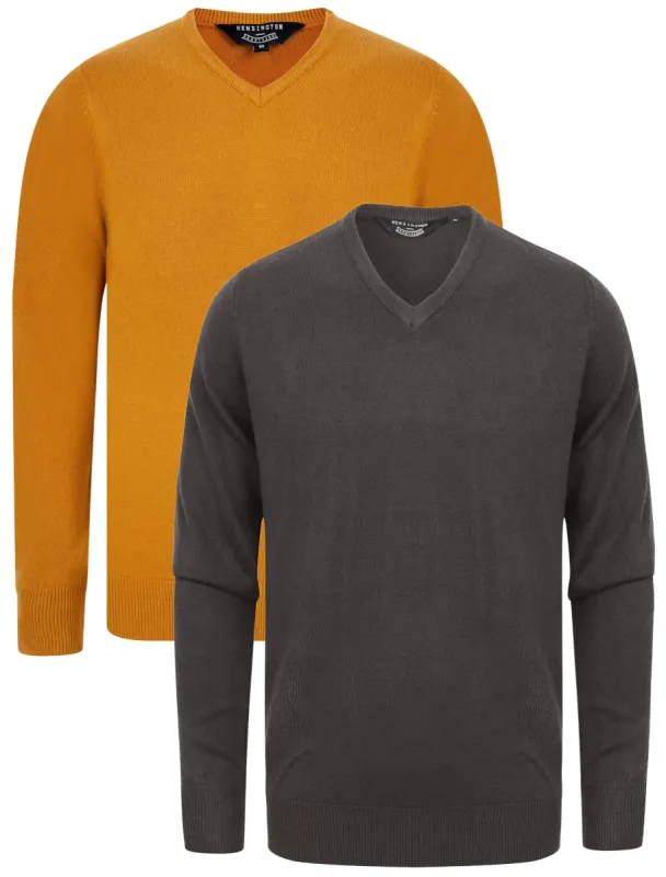 Marling (2 Pack) Soft Cashmillon Knitted V Neck Jumpers in Ebony Grey / Mustard - Kensington Eastside sold by Tokyo Laundry