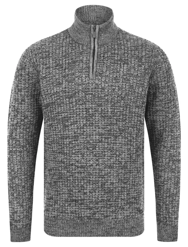 Merson Quarter Zip Funnel Neck Wool Blend Knitted Jumper in Ecru / Grey Twist - Tokyo Laundry sold by Tokyo Laundry