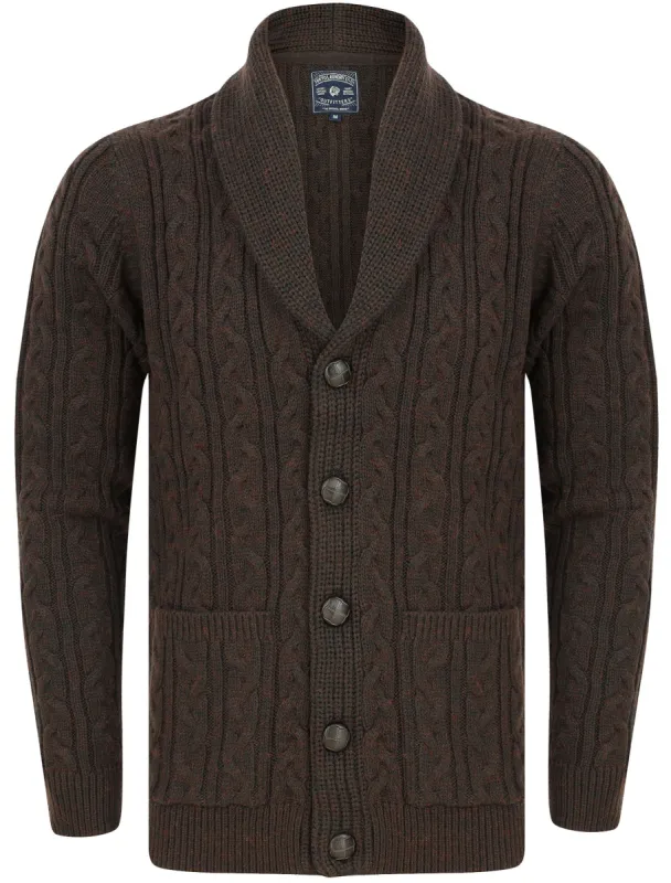 Andromeda Cable Knitted Wool Blend Cardigan with Shawl Collar In Brown - Tokyo Laundry sold by Tokyo Laundry