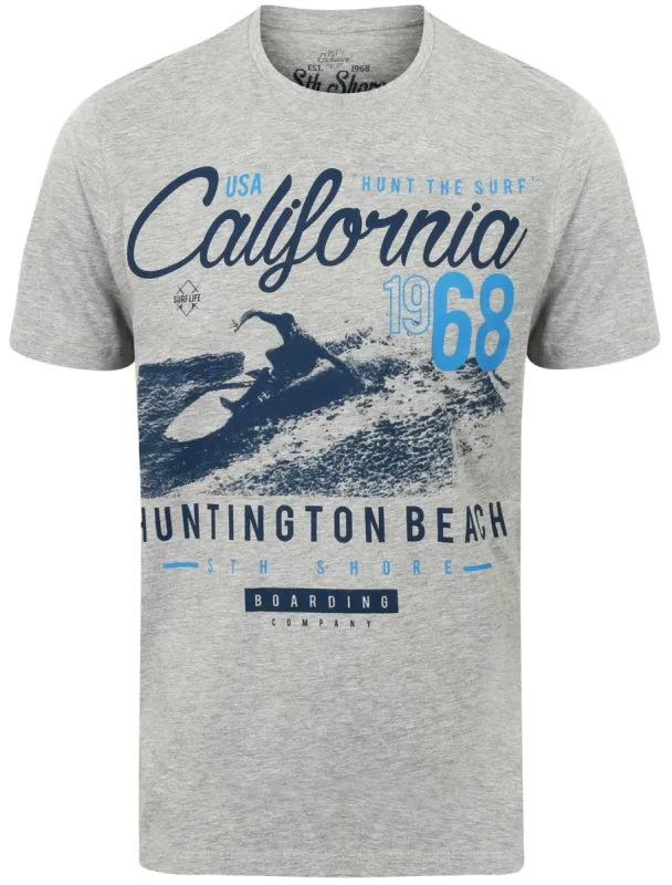 Hunt The Surf Motif Cotton T-Shirt In Light Grey Marl - South Shore sold by Tokyo Laundry