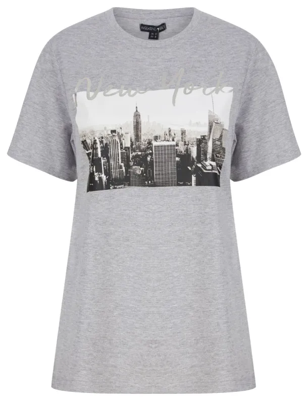 Empire New York Motif Cotton T-Shirt with Silver Foil Detail in Light Grey Marl - Weekend Vibes sold by Tokyo Laundry