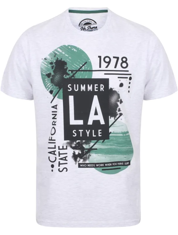 Summer LA Motif Cotton Crew Neck T-Shirt In Ice Grey Marl - South Shore sold by Tokyo Laundry