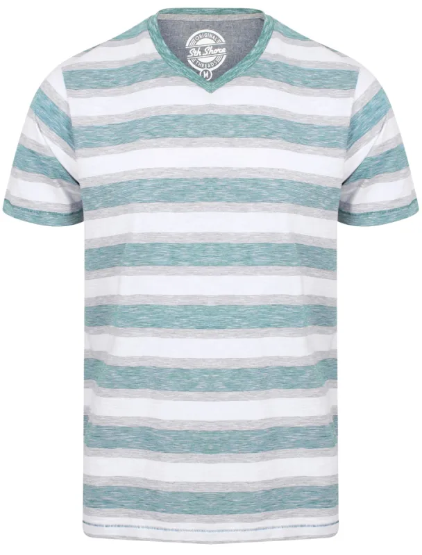 Fano Cotton Slub V Neck Striped T-Shirt In Mallard Green - South Shore sold by Tokyo Laundry