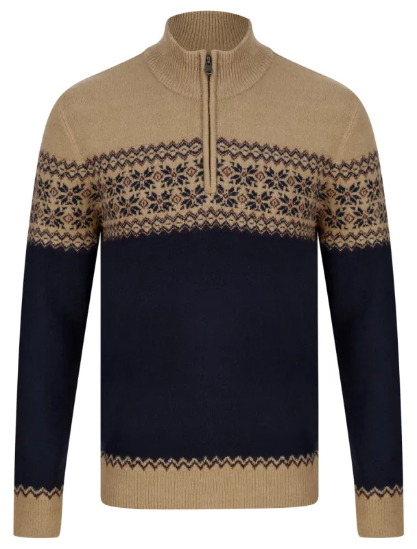 Remedy Quarter Zip Fair Isle Knit Funnel Neck Jumper in Camel - Kensington Eastside sold by Tokyo Laundry