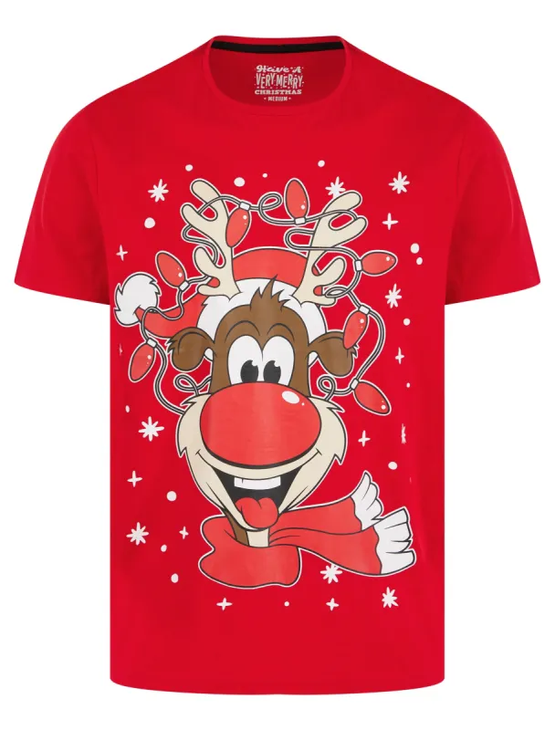 Men's Rudolph 23 Snowflake Motif Novelty Cotton Christmas T-Shirt in Barados Cherry - Merry Christmas sold by Tokyo Laundry