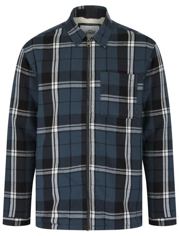 Cantwell Sherpa Fleece Lined Checked Flannel Cotton Overshirt Jacket in Midnight Blue Check - Tokyo Laundry sold by Tokyo Laundry