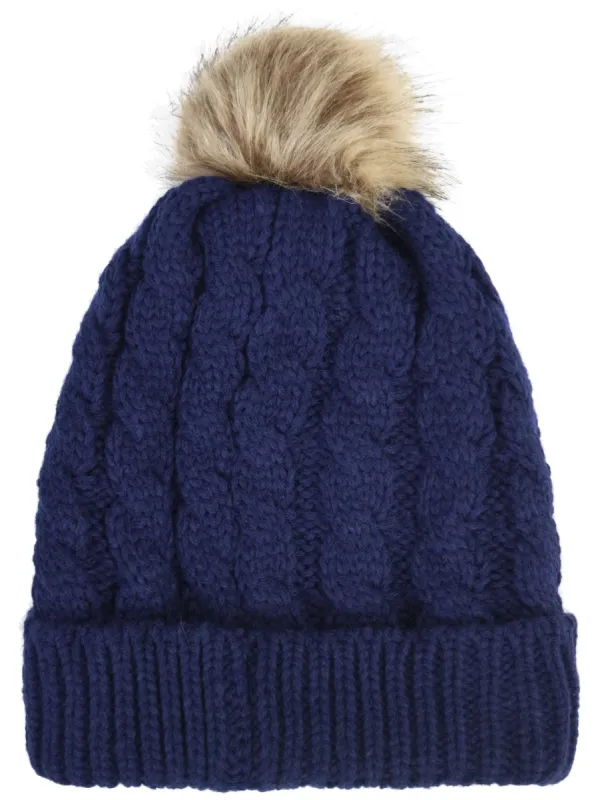Devin Borg Lined Cable Knit Bobble Hat in Navy sold by Tokyo Laundry