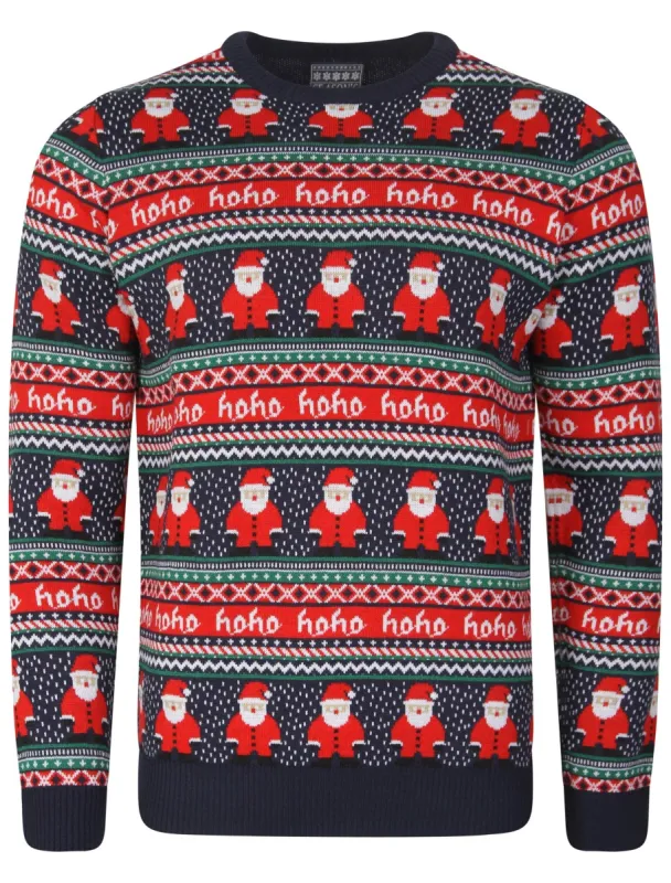 Hoho Novelty Santa Print Christmas Jumper in Eclipse Blue - Season’s Greetings sold by Tokyo Laundry
