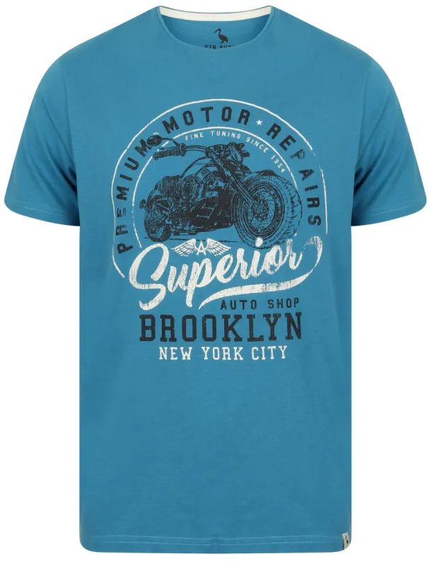 Auto Shop Motif Cotton T-Shirt In Deep Water - South Shore sold by Tokyo Laundry