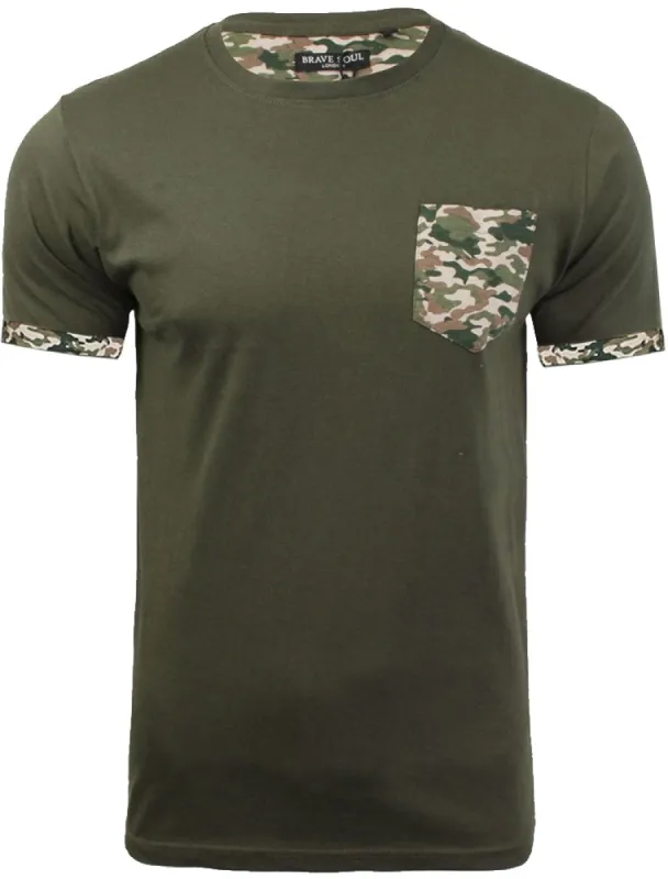 Jarvis Camo Pocket Cotton T-Shirt with Roll Sleeves in Khaki sold by Tokyo Laundry