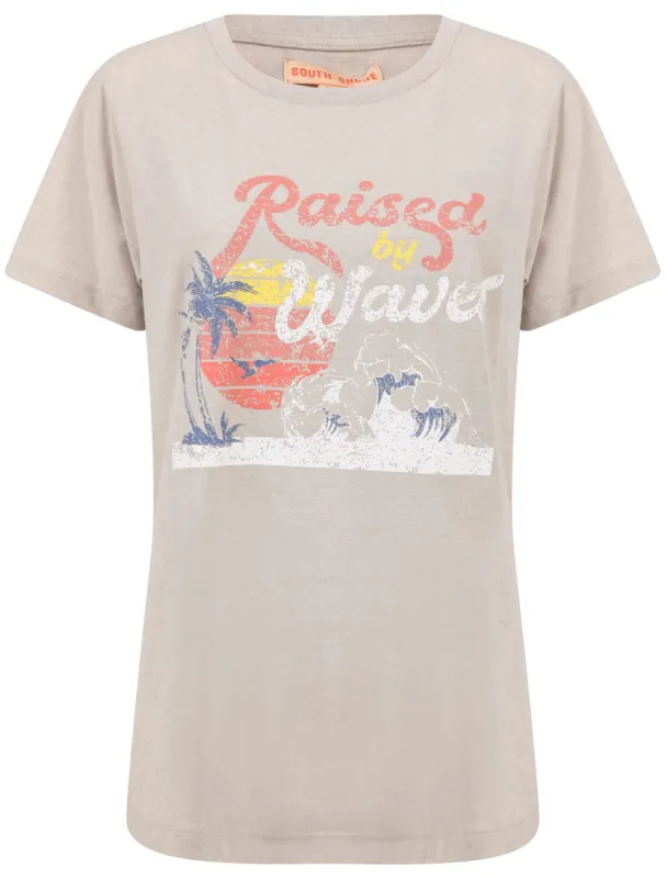 Waves Motif Cotton Crew Neck T-Shirt in Stone Marl - South Shore sold by Tokyo Laundry