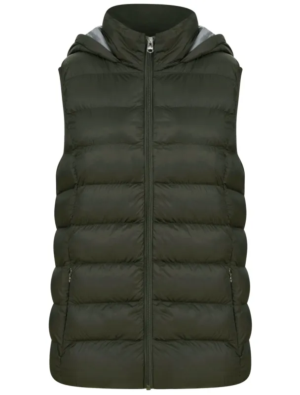 Markle Quilted Puffer Gilet with Hood In Khaki - Tokyo Laundry sold by Tokyo Laundry