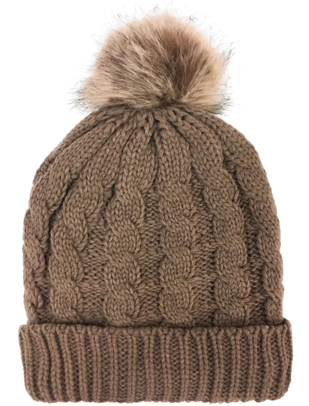 Devin Borg Lined Cable Knit Bobble Hat in Brown sold by Tokyo Laundry