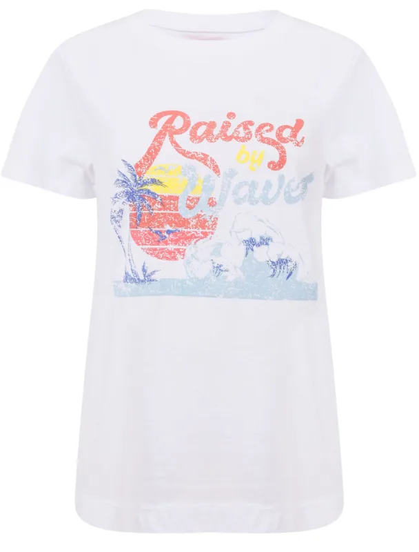 Waves Motif Cotton Crew Neck T-Shirt in Optic White - South Shore sold by Tokyo Laundry