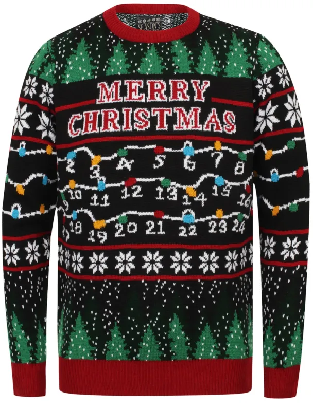 Xmas Lights LED LIGHT UP Novelty Christmas Jumper in Black - Season’s Greetings sold by Tokyo Laundry