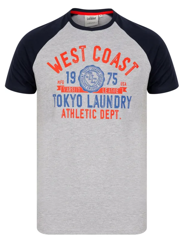 Dewalt Baseball Style Raglan Sleeve Cotton Jersey Crew Neck T-Shirt in Maritime Blue - Tokyo Laundry sold by Tokyo Laundry