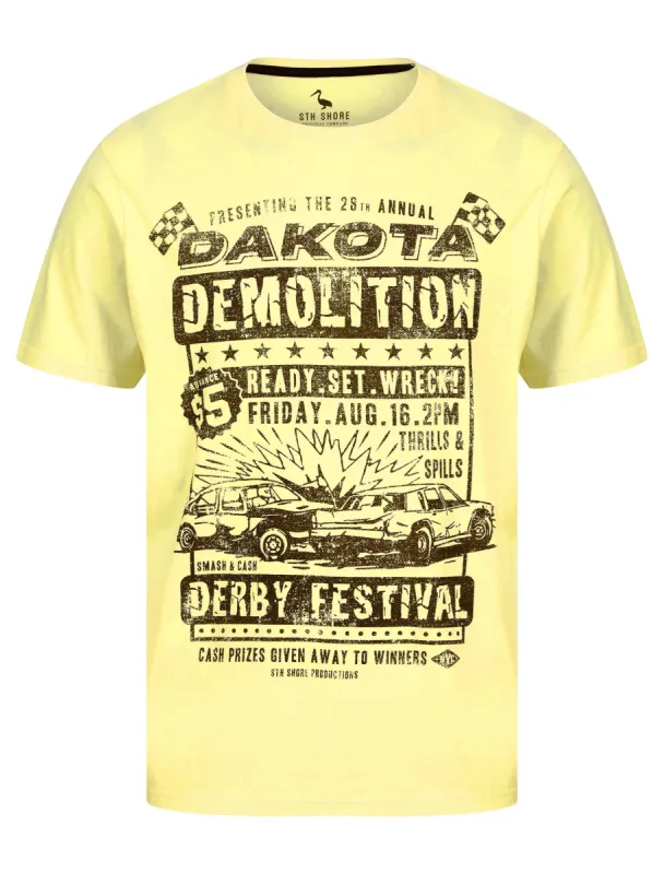 Destruction Derby Motif Cotton Jersey T-Shirt in Pastel Yellow - South Shore sold by Tokyo Laundry