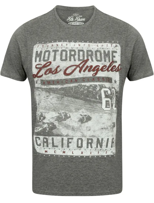 Motordrome Crew Neck T-Shirt with Motif in Mid Grey Marl - South Shore sold by Tokyo Laundry