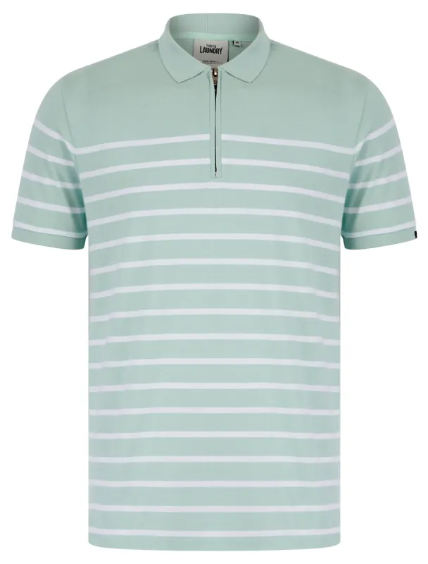 Wick Yarn Dyed Stripe Cotton Pique Zip Fasten Polo Shirt in Cloud Blue - Tokyo Laundry sold by Tokyo Laundry