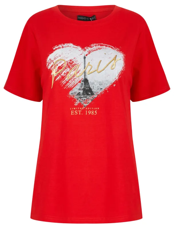 Heart Paris Motif Cotton T-Shirt with Gold Foil Detail in Flame Scarlet - Weekend Vibes sold by Tokyo Laundry